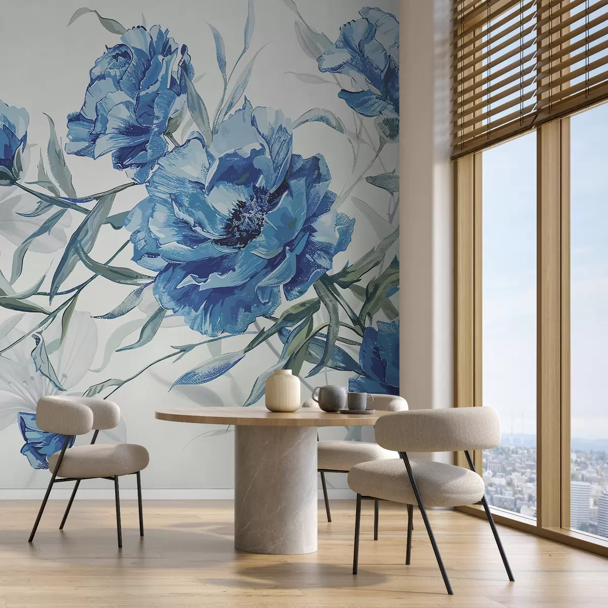 murais de parede Pintura de peônias azuis com folhagem exuberante contra um fundo abstrato claro w08274v1