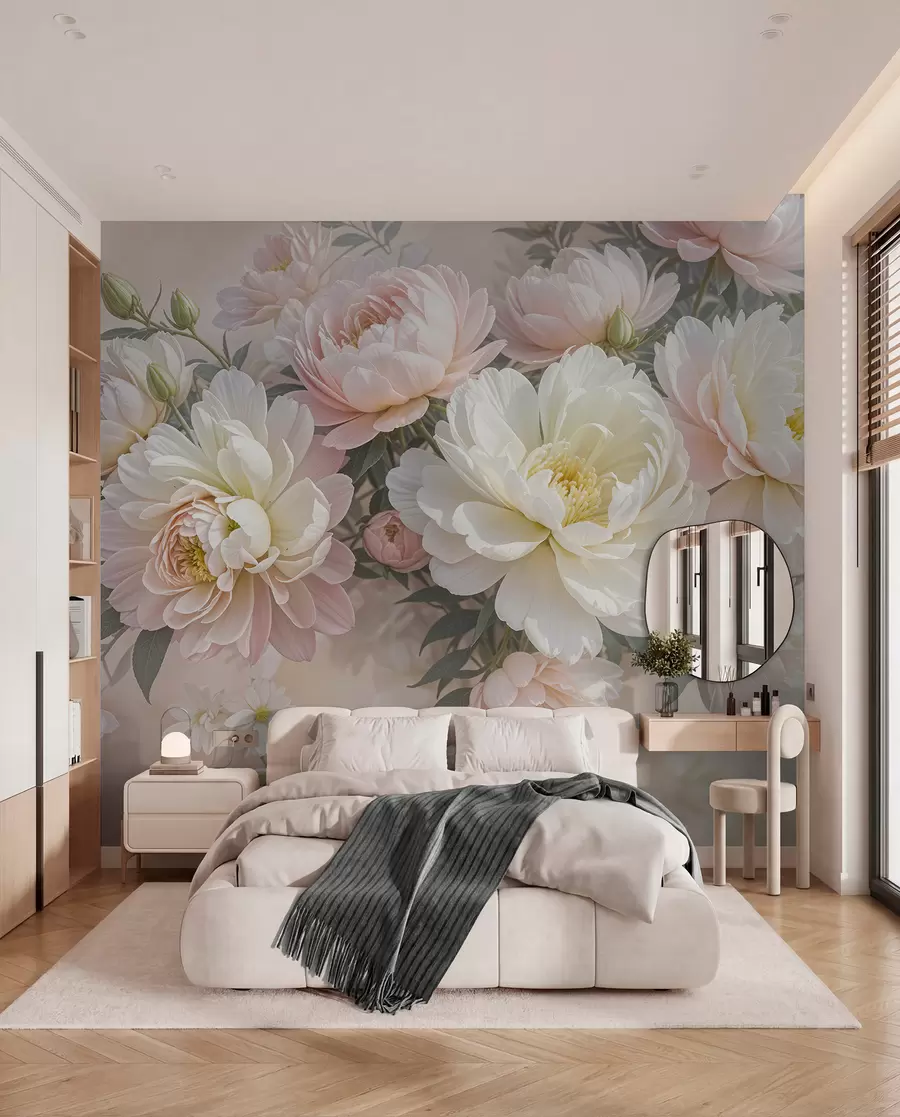 murais de parede Um buquê de peônias exuberantes, em tons pastéis, e outras flores contra um fundo suave e desfocado w08276