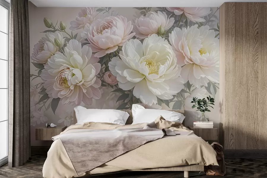 murais de parede Um buquê de peônias exuberantes, em tons pastéis, e outras flores contra um fundo suave e desfocado w08276