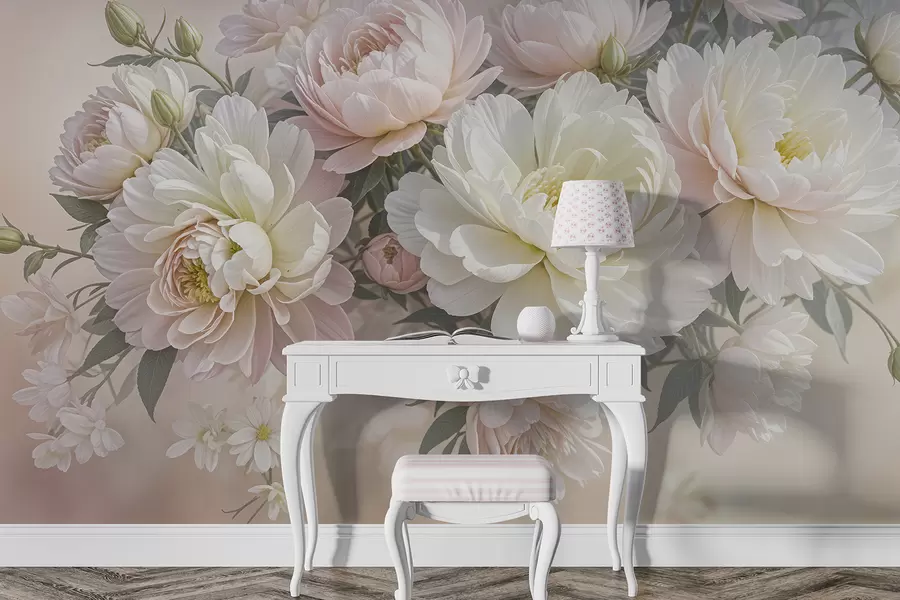 murais de parede Um buquê de peônias exuberantes, em tons pastéis, e outras flores contra um fundo suave e desfocado w08276