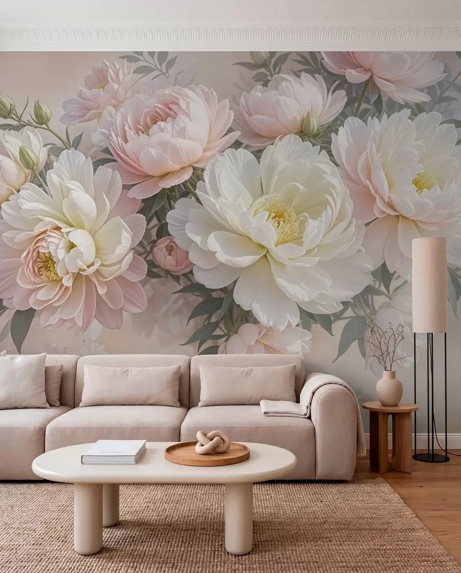 murais de parede Um buquê de peônias exuberantes, em tons pastéis, e outras flores contra um fundo suave e desfocado w08276