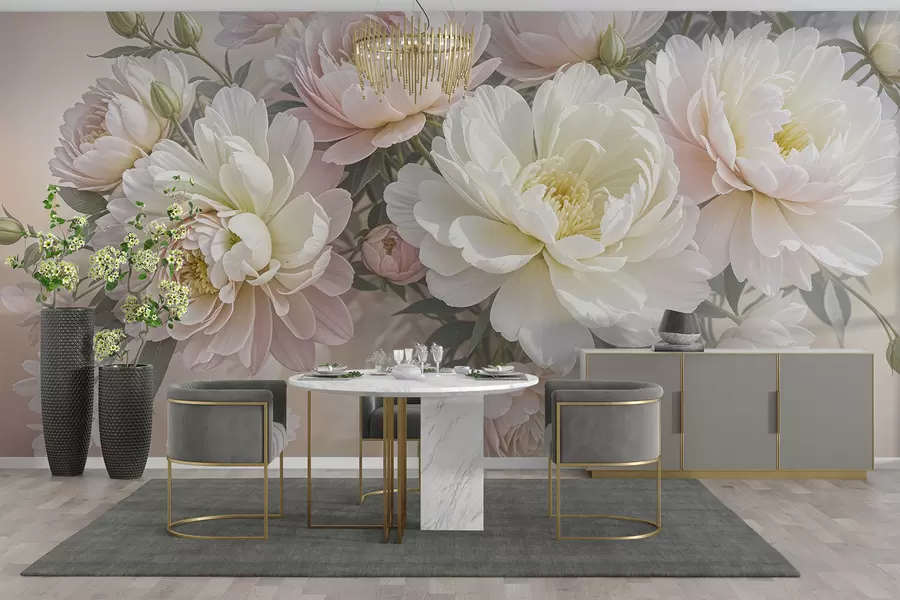 murais de parede Um buquê de peônias exuberantes, em tons pastéis, e outras flores contra um fundo suave e desfocado w08276