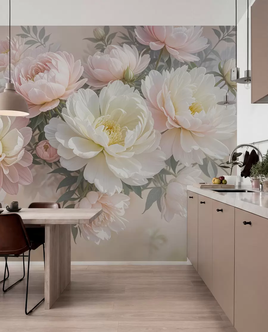 murais de parede Um buquê de peônias exuberantes, em tons pastéis, e outras flores contra um fundo suave e desfocado w08276