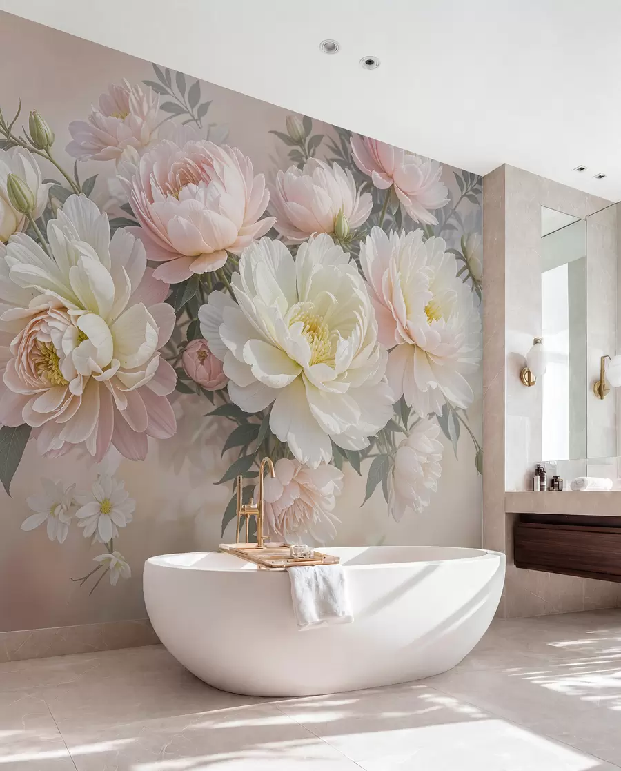 murais de parede Um buquê de peônias exuberantes, em tons pastéis, e outras flores contra um fundo suave e desfocado w08276