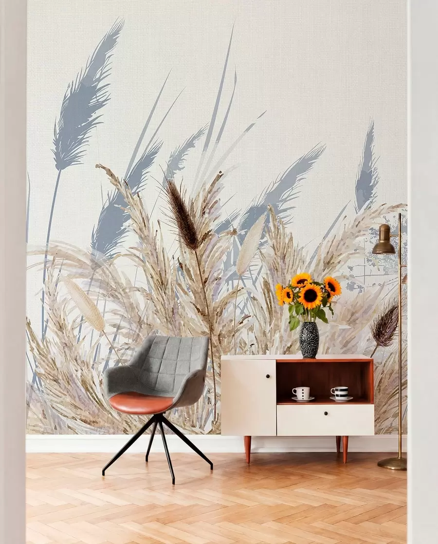 murais de parede Talos altos de trigo e grama com plumas brancas e fofas contra um fundo claro w08282