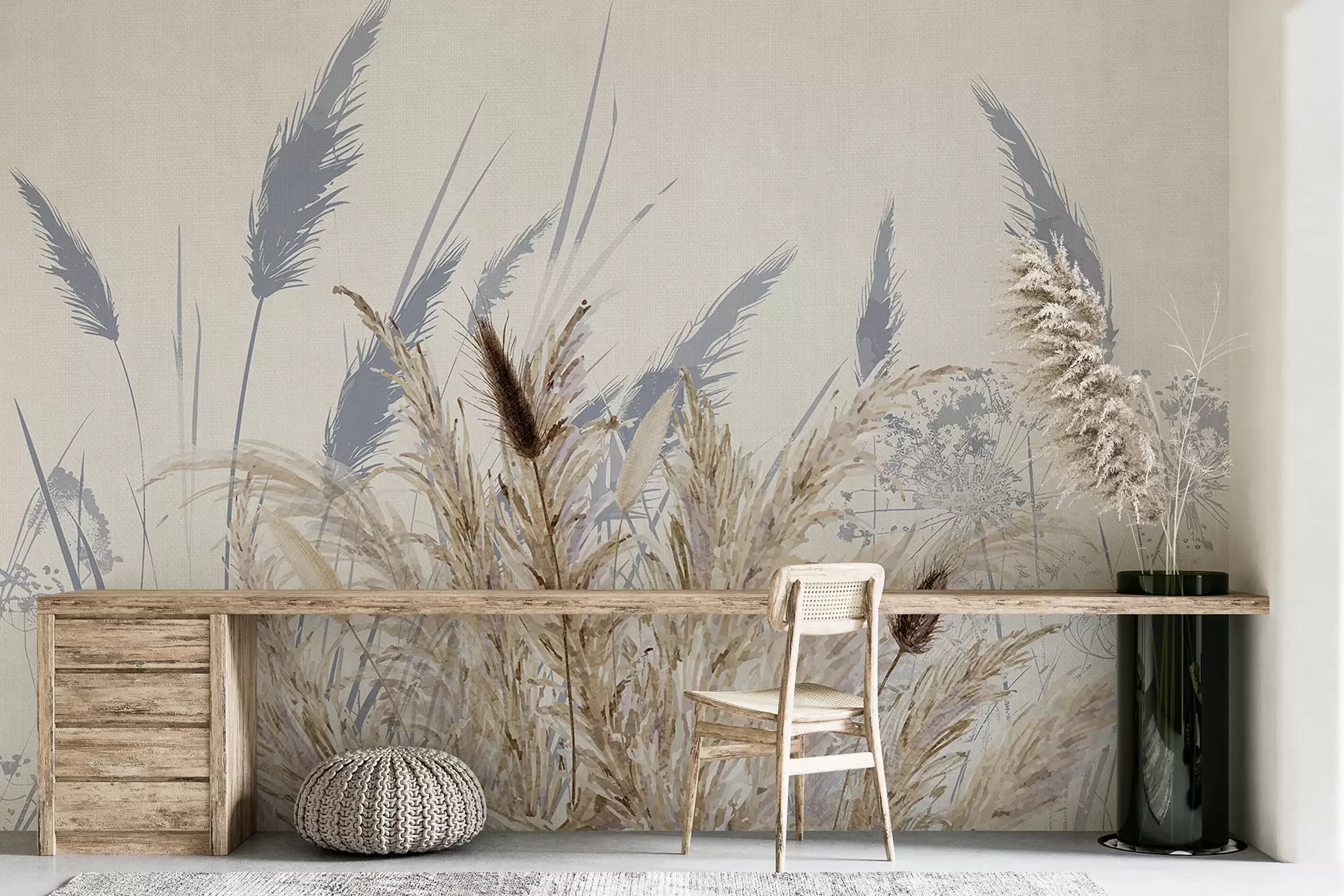 murais de parede Talos altos de trigo e grama com plumas brancas e fofas contra um fundo claro w08282
