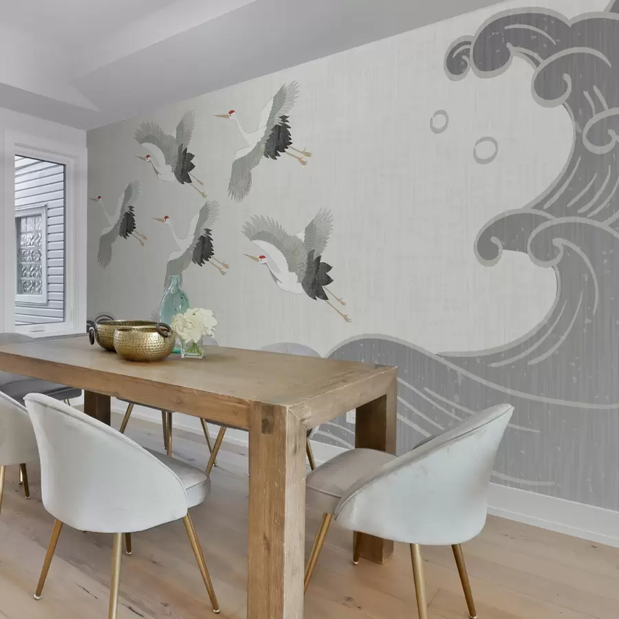 murais de parede Guindastes, onda cinza, estilo japonês w01595