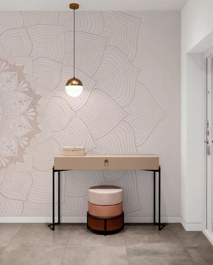 murais de parede Mandala redonda, papel de parede para espaço de ioga ou para harmonizar o espaço pessoal. Mandala de parede em cores pastéis quentes em um fundo irregular texturizado w01088