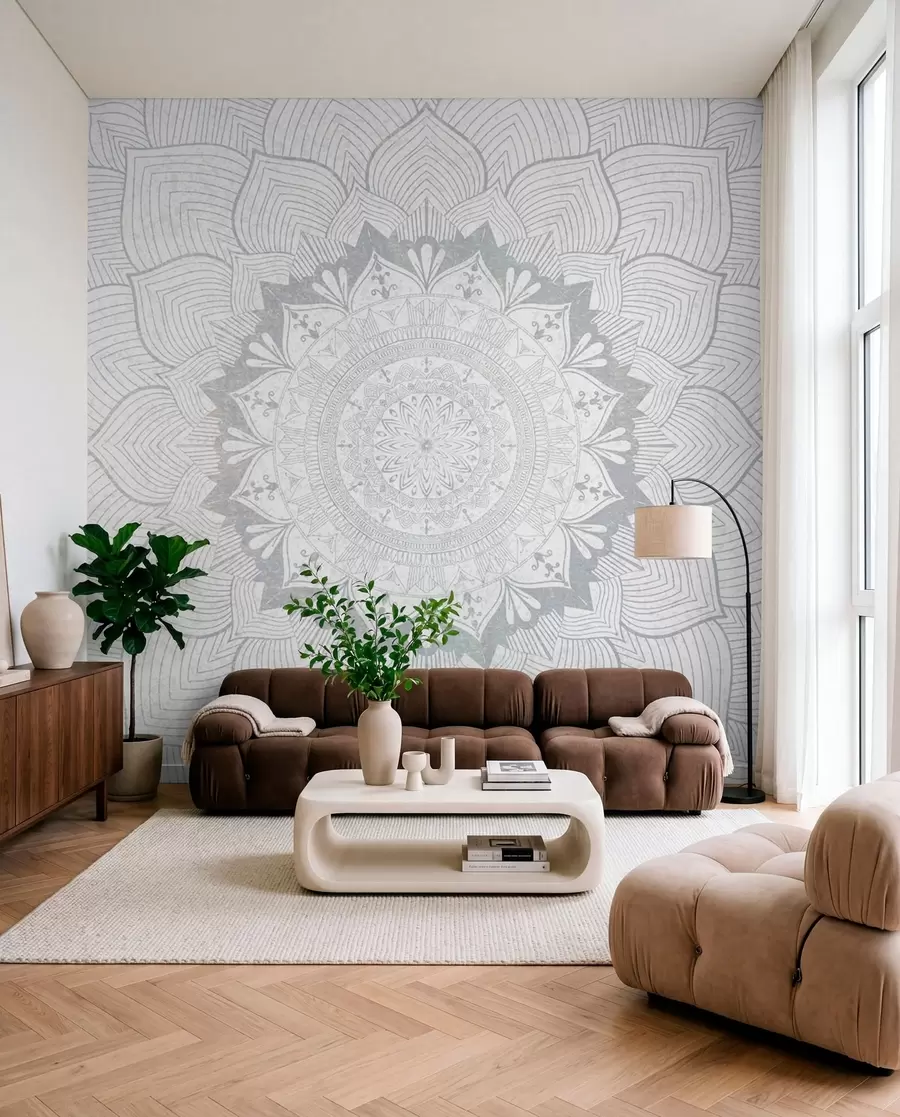 murais de parede Mandala redonda, papel de parede para espaço de ioga ou para harmonizar o espaço pessoal. Mandala de parede em tons de cinza sobre um fundo heterogêneo texturizado w01088v2