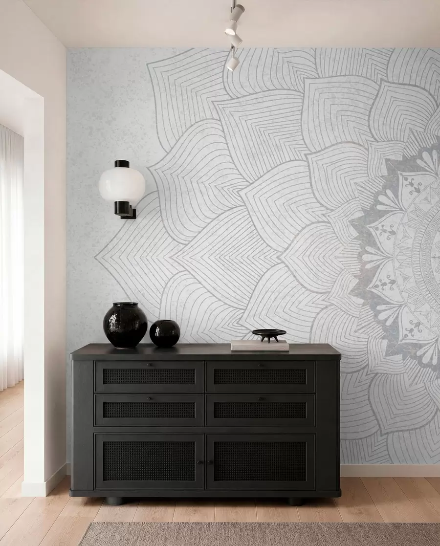 murais de parede Mandala redonda, papel de parede para espaço de ioga ou para harmonizar o espaço pessoal. Mandala de parede em tons de cinza sobre um fundo heterogêneo texturizado w01088v2