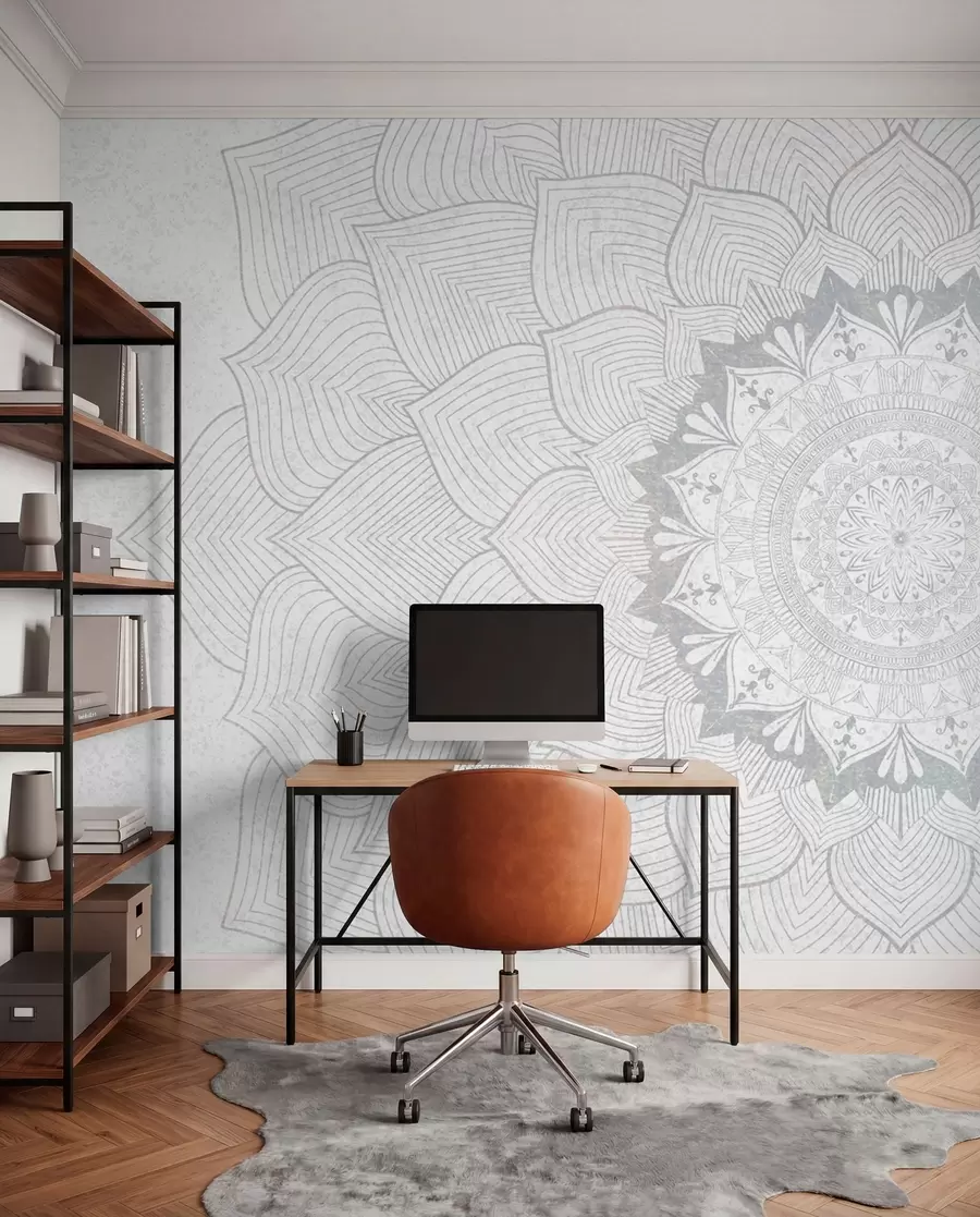 murais de parede Mandala redonda, papel de parede para espaço de ioga ou para harmonizar o espaço pessoal. Mandala de parede em tons de cinza sobre um fundo heterogêneo texturizado w01088v2
