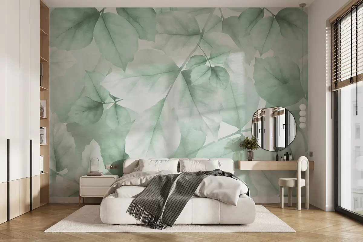 murais de parede Papel de parede texturizado com folhas grandes em tons pastéis de verde w01090v3