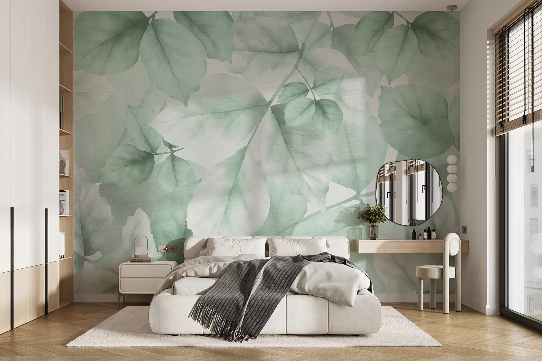 murais de parede Papel de parede texturizado com folhas grandes em tons pastéis de verde w01090v3
