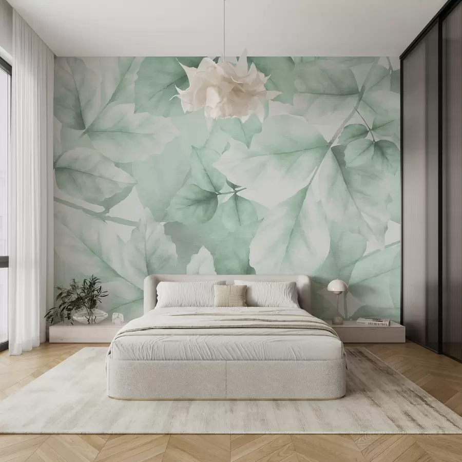 murais de parede Papel de parede texturizado com folhas grandes em tons pastéis de verde w01090v3
