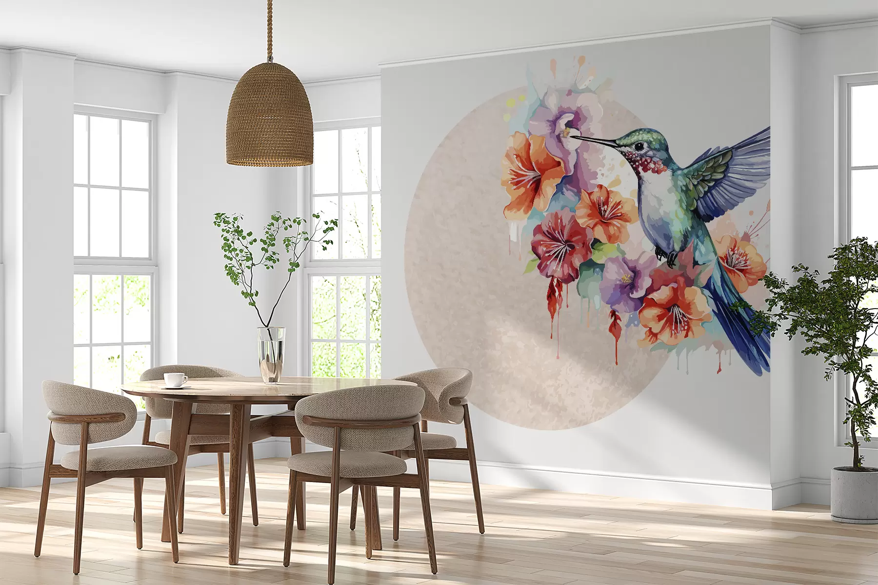 murais de parede Beija-flor, flores, círculo, bege w01528