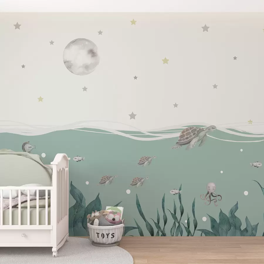 murais de parede Motivo marinho com tartarugas, cavalos-marinhos, peixes e lua cheia w01521