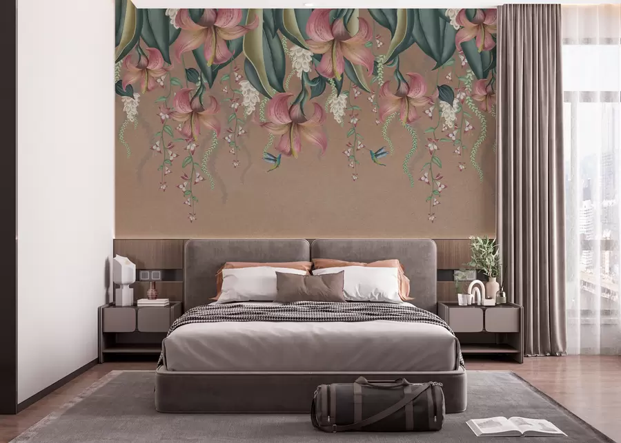 murais de parede Motivo botânico delicado com lírios pendurados, flores e beija-flores em uma parede grunge w01523