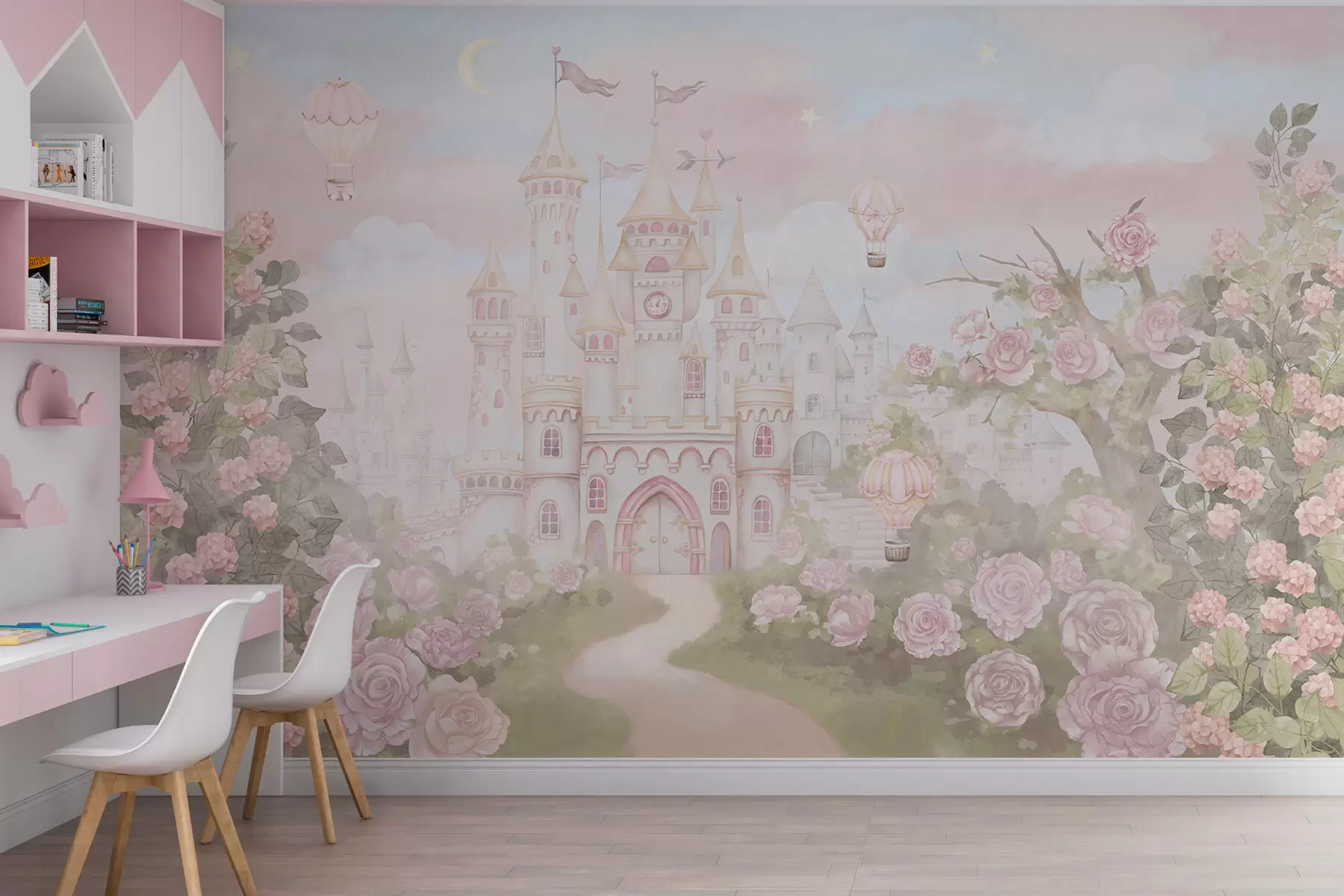 murais de parede Castelo mágico com grandes flores e árvores w01524