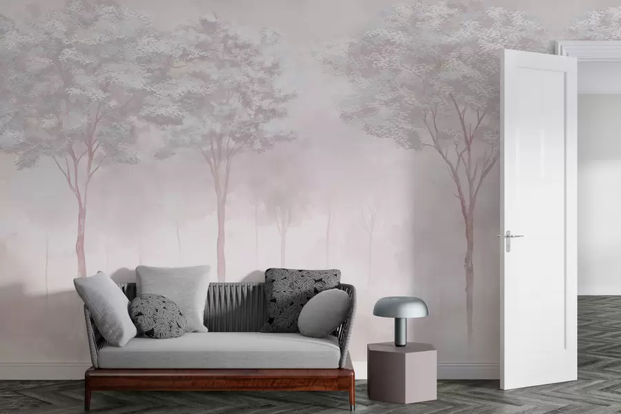 murais de parede Silhueta de floresta enevoada na cor rosa suave w01599v1