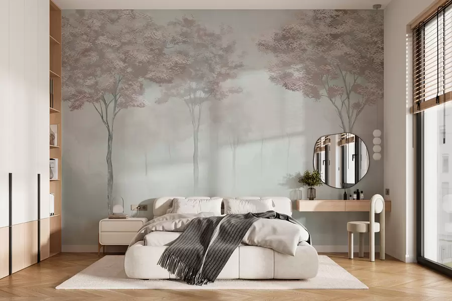murais de parede Silhueta de floresta enevoada nas cores rosa e cinza w01599v4