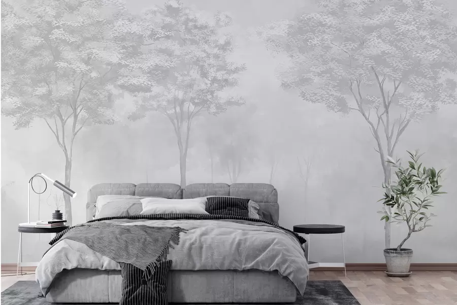murais de parede Silhueta de floresta enevoada na cor cinza w01599v5