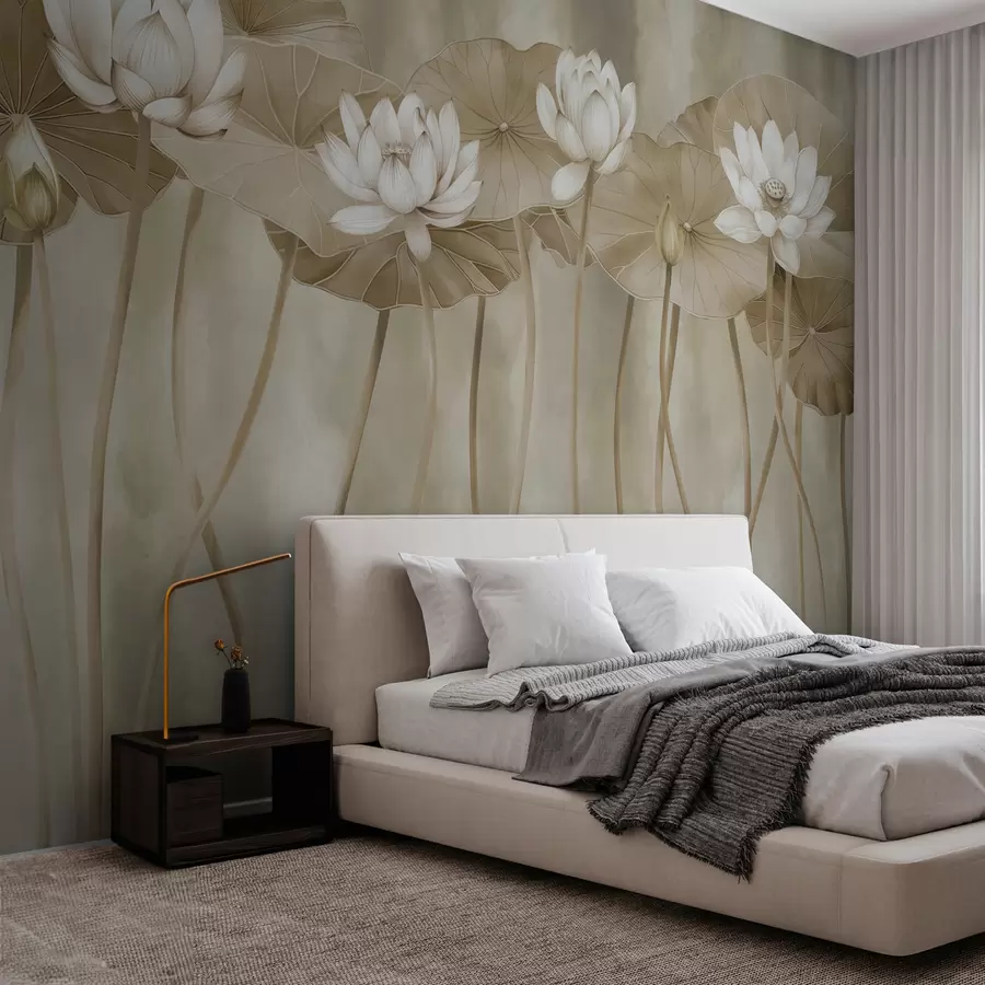 murais de parede Flores e folhas de lótus em uma parede grunge biege escura w01622v2