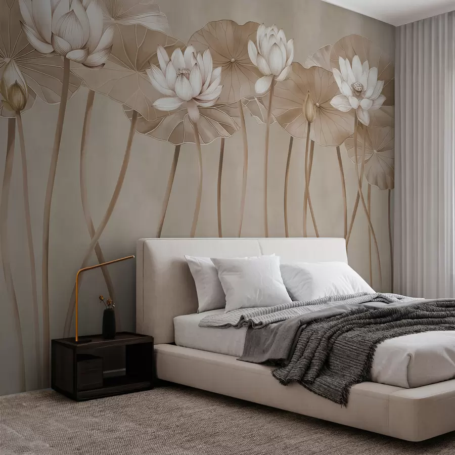 murais de parede Flores e folhas de lótus bege w01622v3