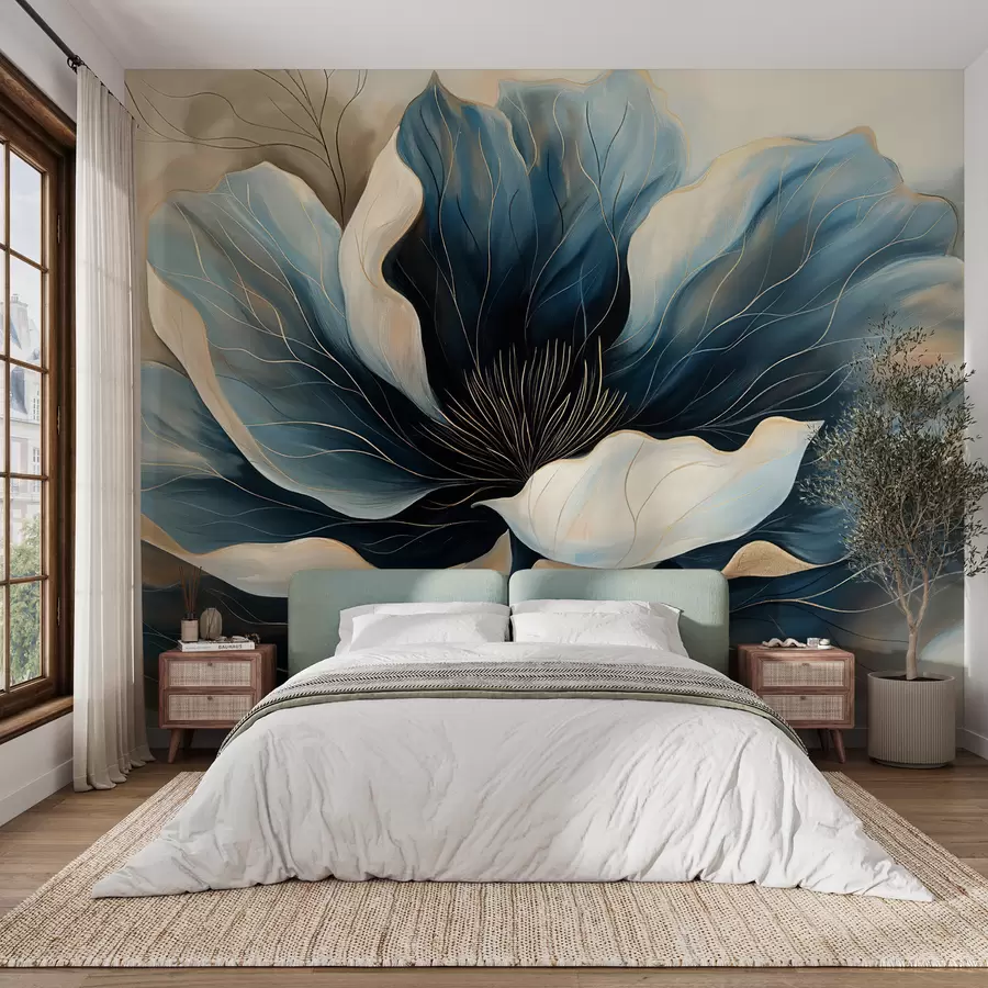 murais de parede Flor grande e elegante com pétalas brancas e azuis escuras de fluxo profundo w01538