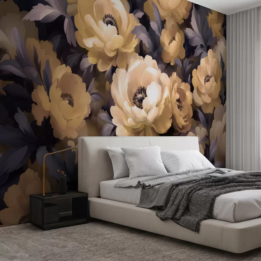 murais de parede Estilo de pintura a óleo floral baseado nas cores bege e roxo w01581