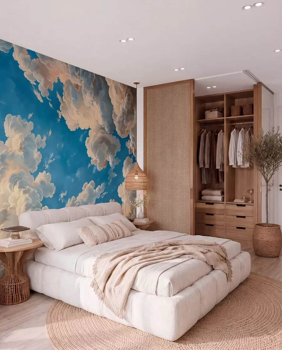 murais de parede Nuvens em tons quentes de creme, pêssego suave e claros sobre um fundo de céu azul profundo e brilhante w01583