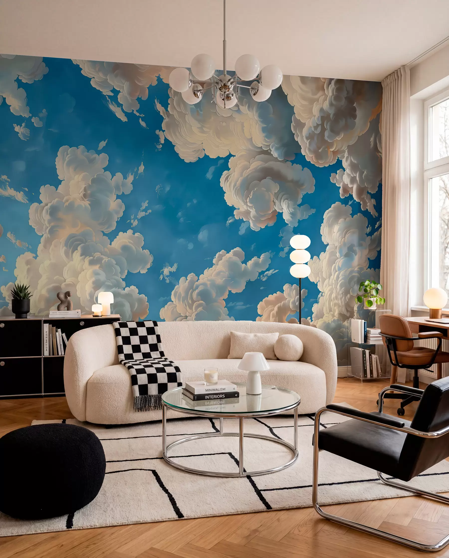 murais de parede Nuvens em tons quentes de creme, pêssego suave e claros sobre um fundo de céu azul profundo e brilhante w01583