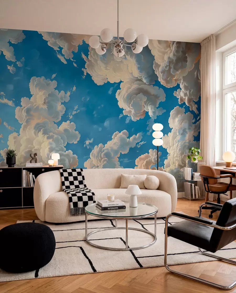 murais de parede Nuvens em tons quentes de creme, pêssego suave e claros sobre um fundo de céu azul profundo e brilhante w01583