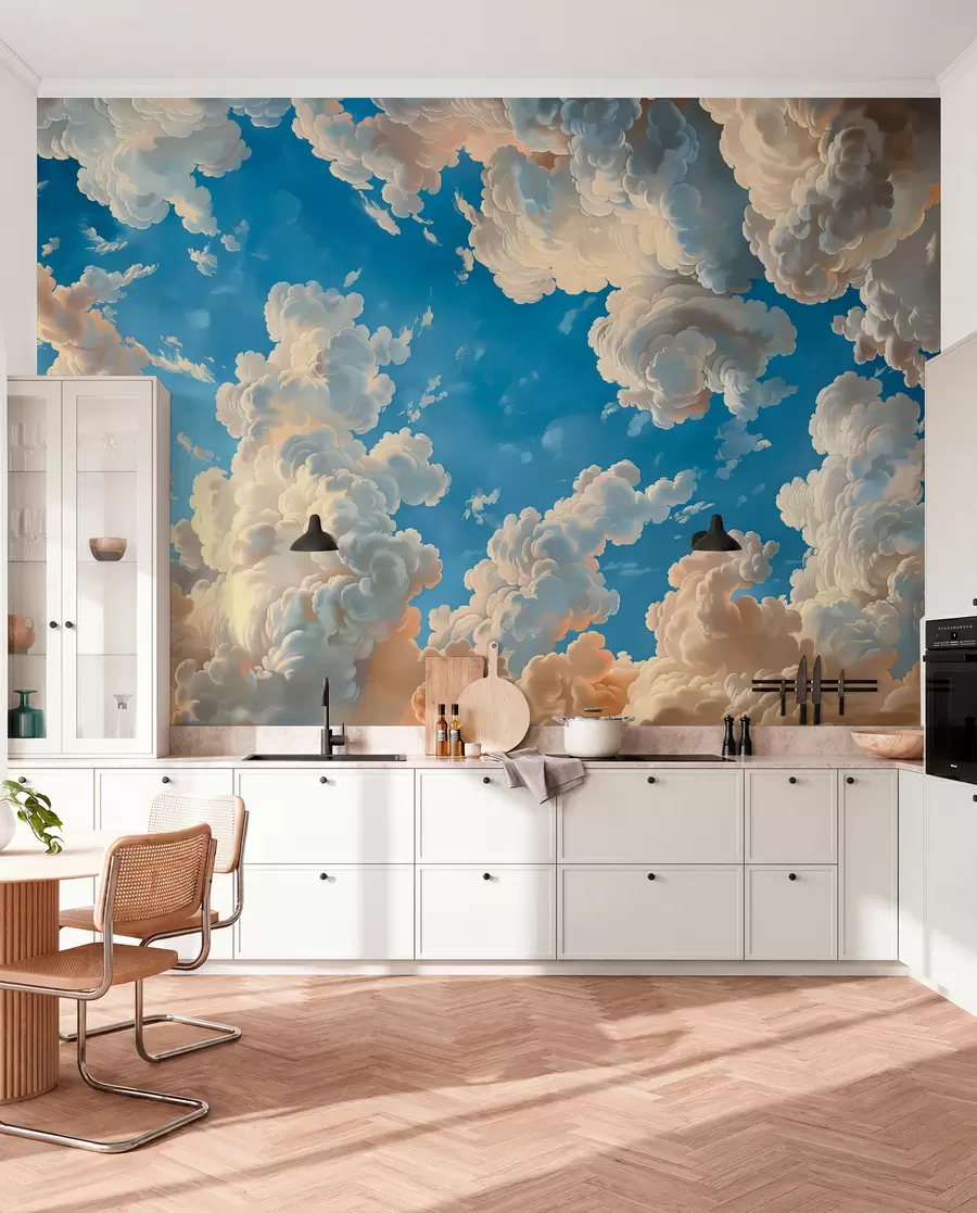 murais de parede Nuvens em tons quentes de creme, pêssego suave e claros sobre um fundo de céu azul profundo e brilhante w01583