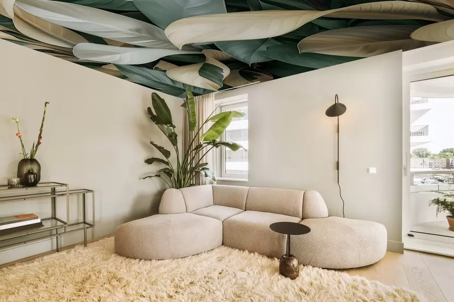 murais de parede Grandes folhas tropicais nas cores verde e bege w01587v1