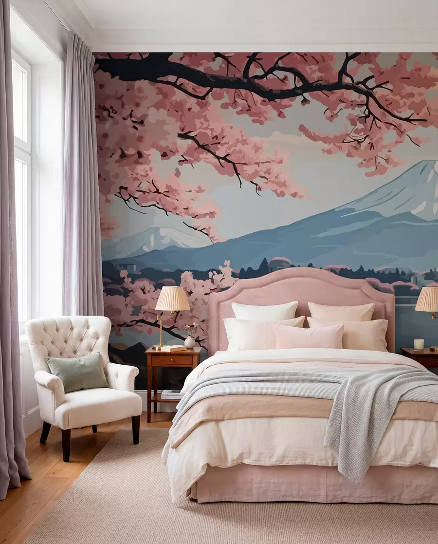 murais de parede Sakura, montanhas, aquarela w01664