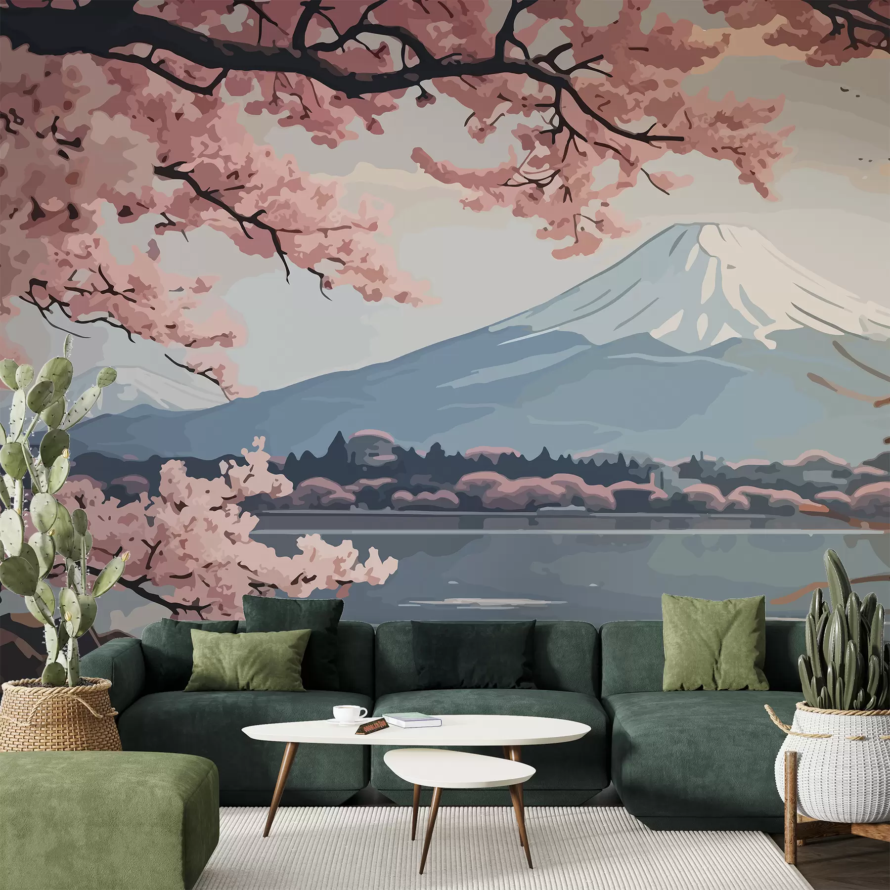 murais de parede Sakura, montanhas, aquarela w01664