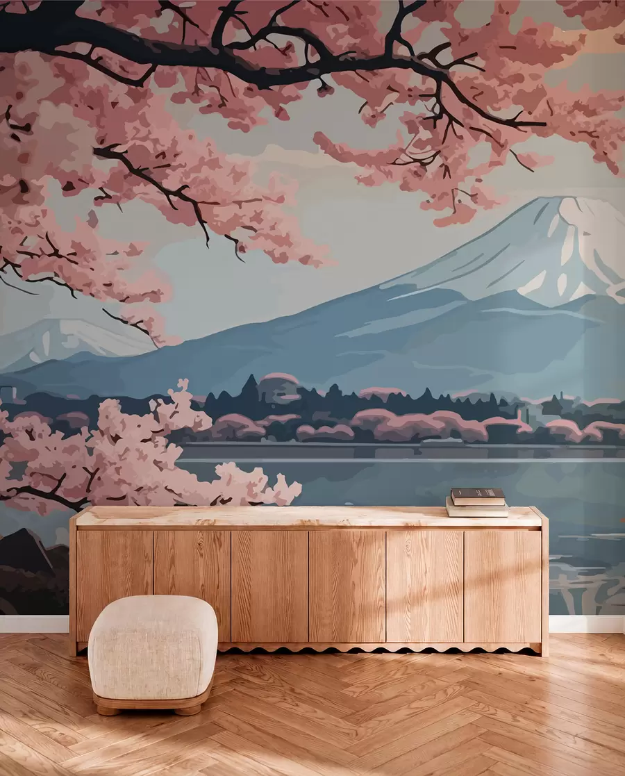 murais de parede Sakura, montanhas, aquarela w01664