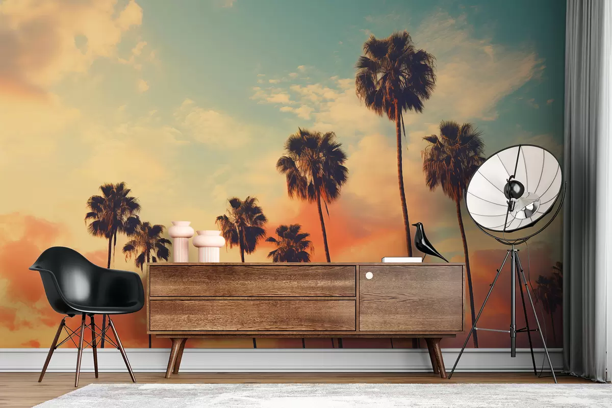 murais de parede Palmeiras contra o céu ao pôr do sol, em tons de laranja e azul w01652