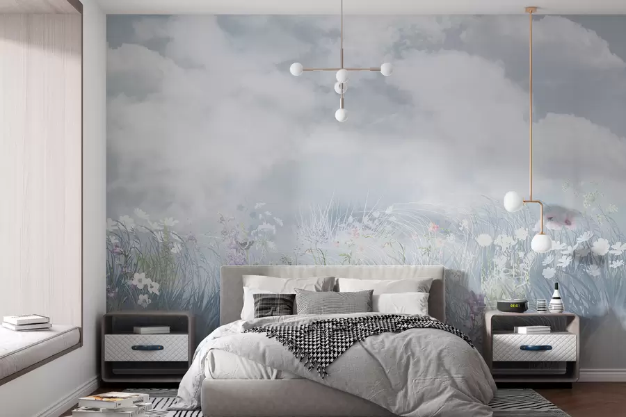 murais de parede Flores silvestres e gramíneas com céu e nuvens dos Bálcãs w01624
