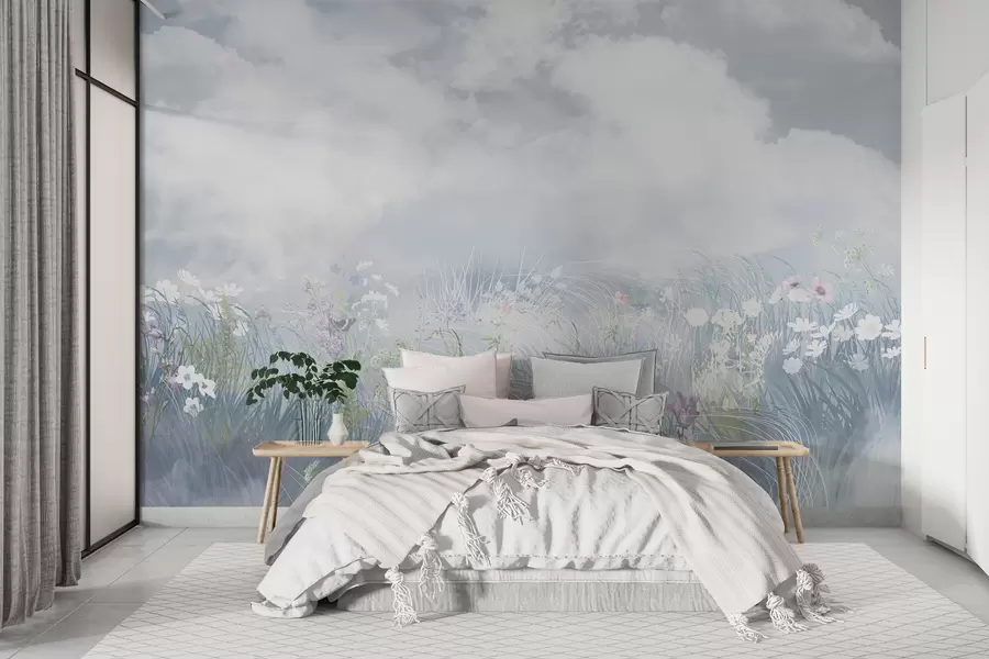 murais de parede Flores silvestres e gramíneas com céu e nuvens dos Bálcãs w01624