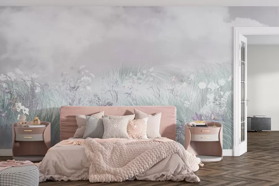 murais de parede Flores silvestres e gramíneas com céu e nuvens rosados w01624v1