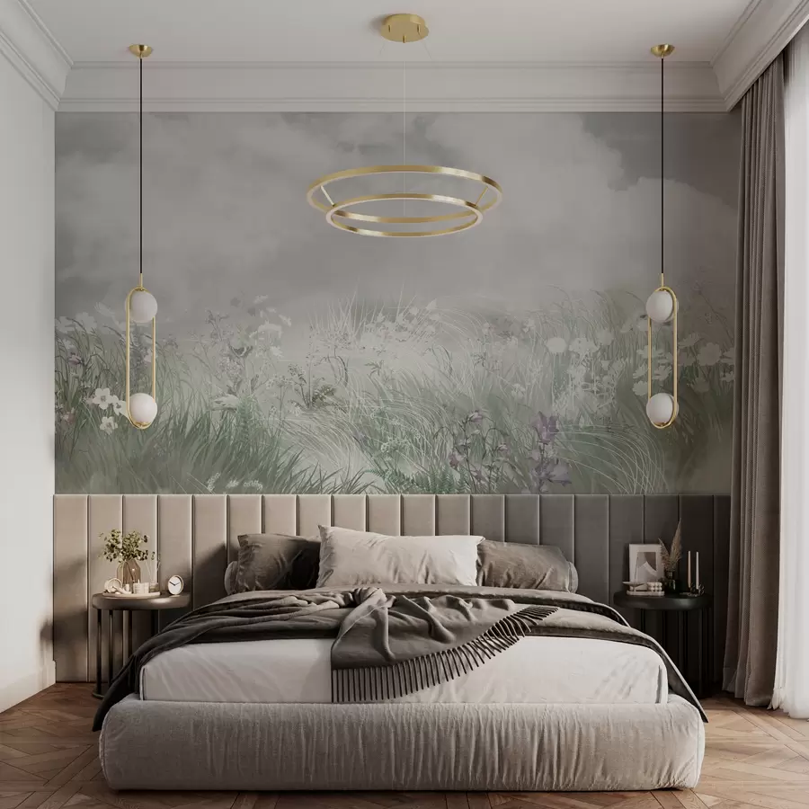 murais de parede Flores silvestres e gramíneas com céu cinza e nuvens w01624v3
