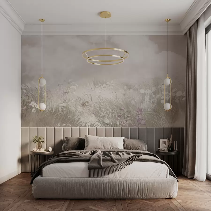 murais de parede Flores silvestres e gramíneas com céu e nuvens rosa pálido w01624v4