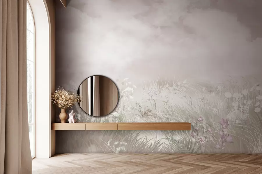 murais de parede Flores silvestres e gramíneas com céu e nuvens rosa pálido w01624v4