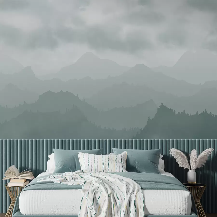 murais de parede Montanhas enevoadas com nuvens azuis cirrus no céu w01637v2