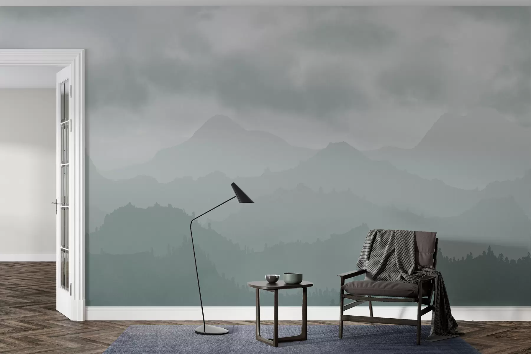 murais de parede Montanhas enevoadas com nuvens azuis cirrus no céu w01637v2