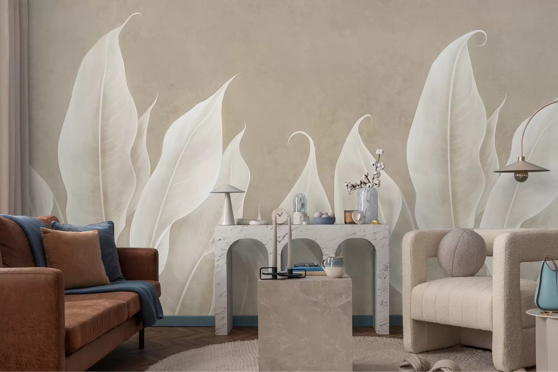 murais de parede Grandes folhas brancas em um fundo bege w01679