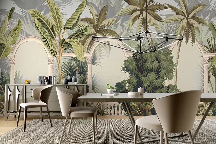 murais de parede Arcos com paisagem tropical, palmeiras exuberantes e outras folhagens em um fundo claro w08306