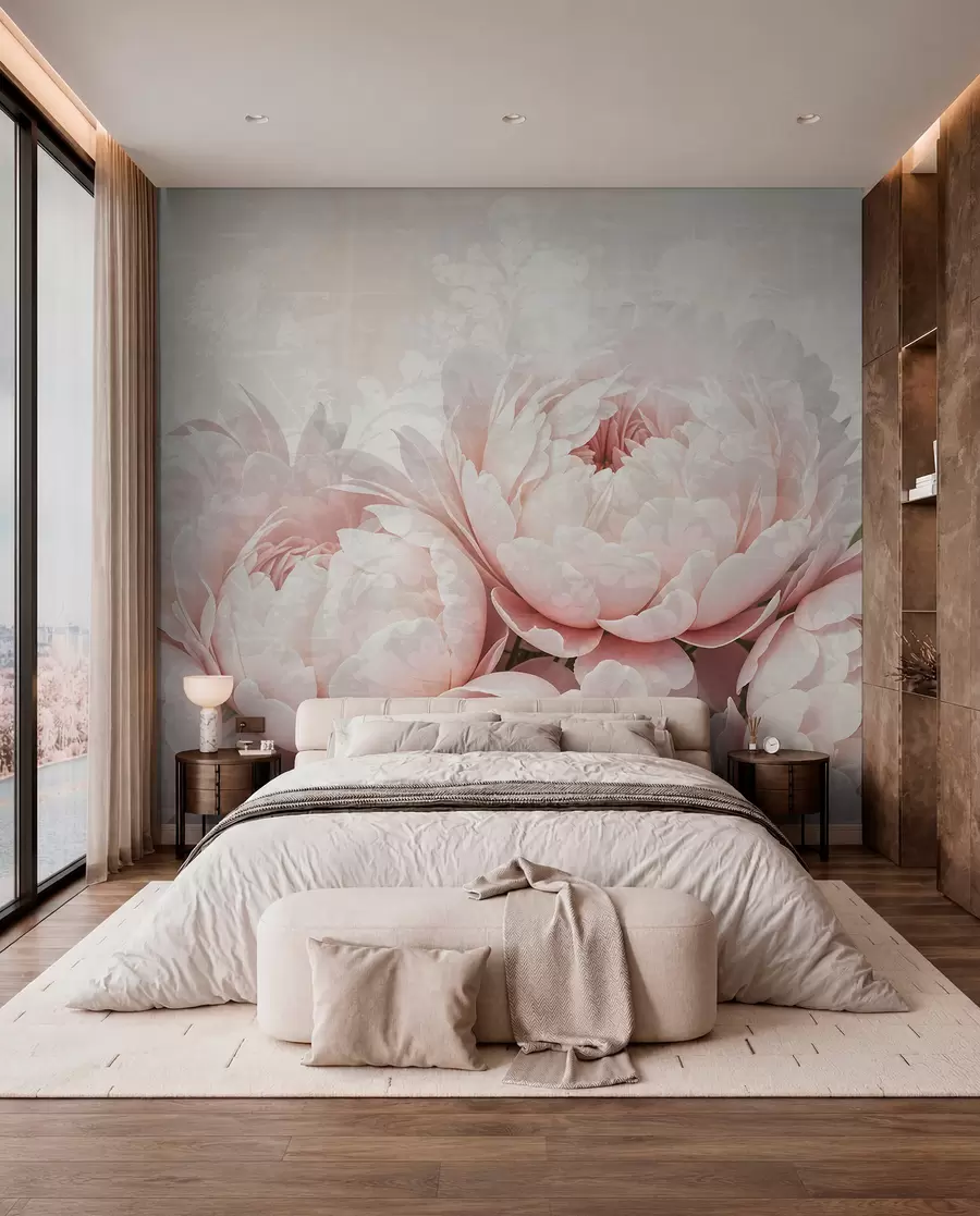 murais de parede Peônias rosa suave com pétalas delicadas em um fundo vintage com textura clara w08312