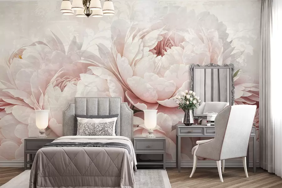murais de parede Peônias rosa suave com pétalas delicadas em um fundo vintage com textura clara w08312
